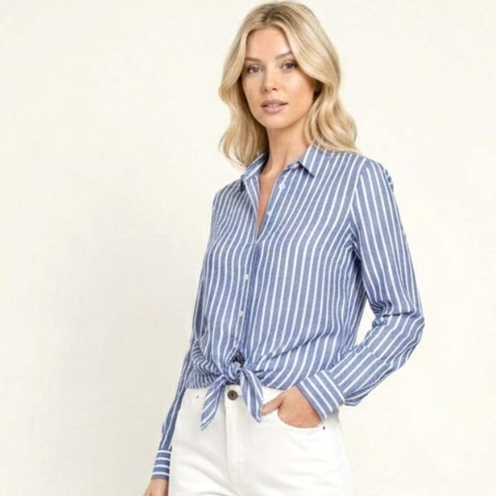 NEW‎ J. Crew Women's Shirt Blue White Stripe Button Up Cropped Cotton XXS Preppy
